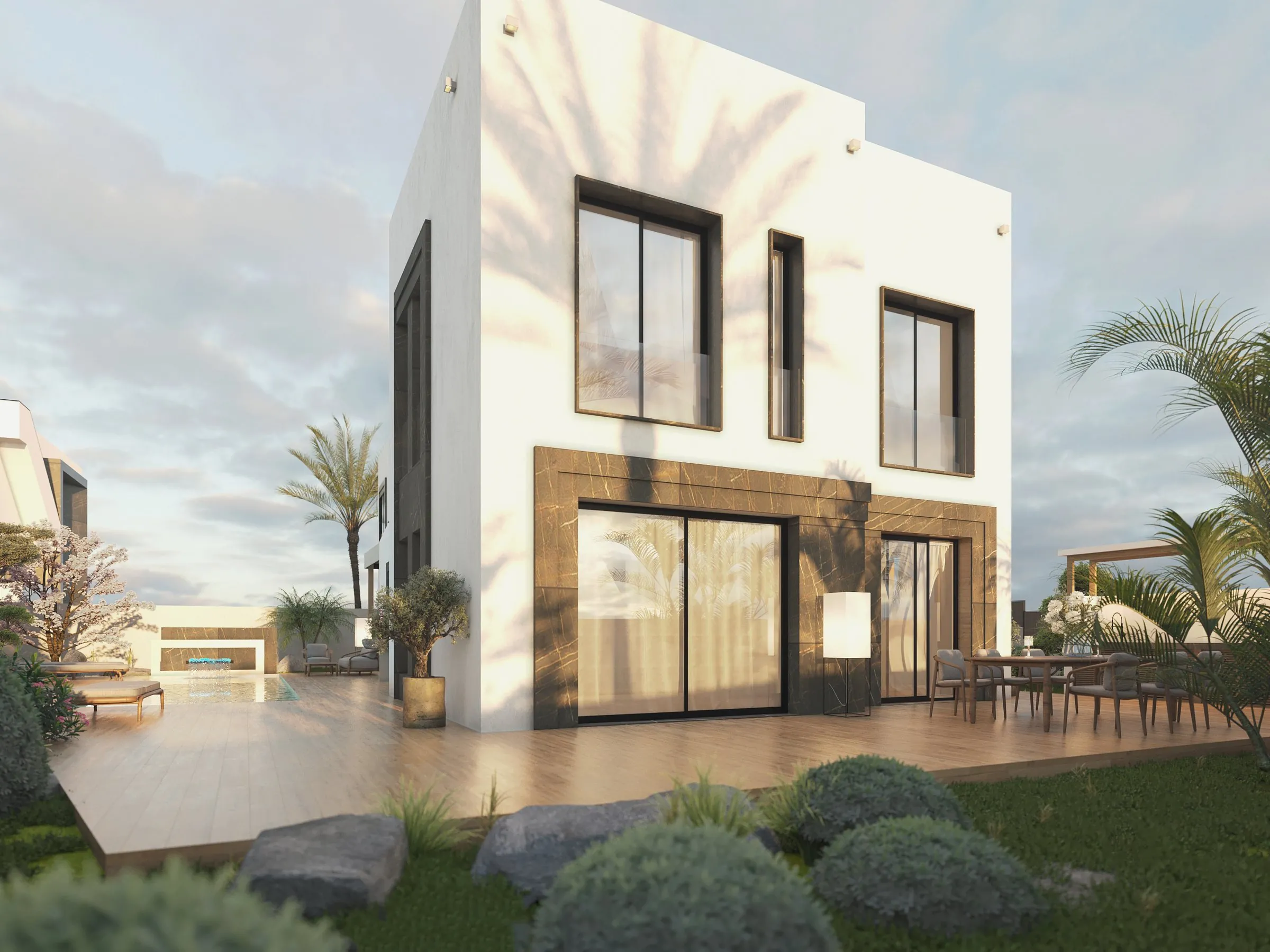 Garden façade of a Sakura Garten villa with white volumes, dark stone and black-framed glass