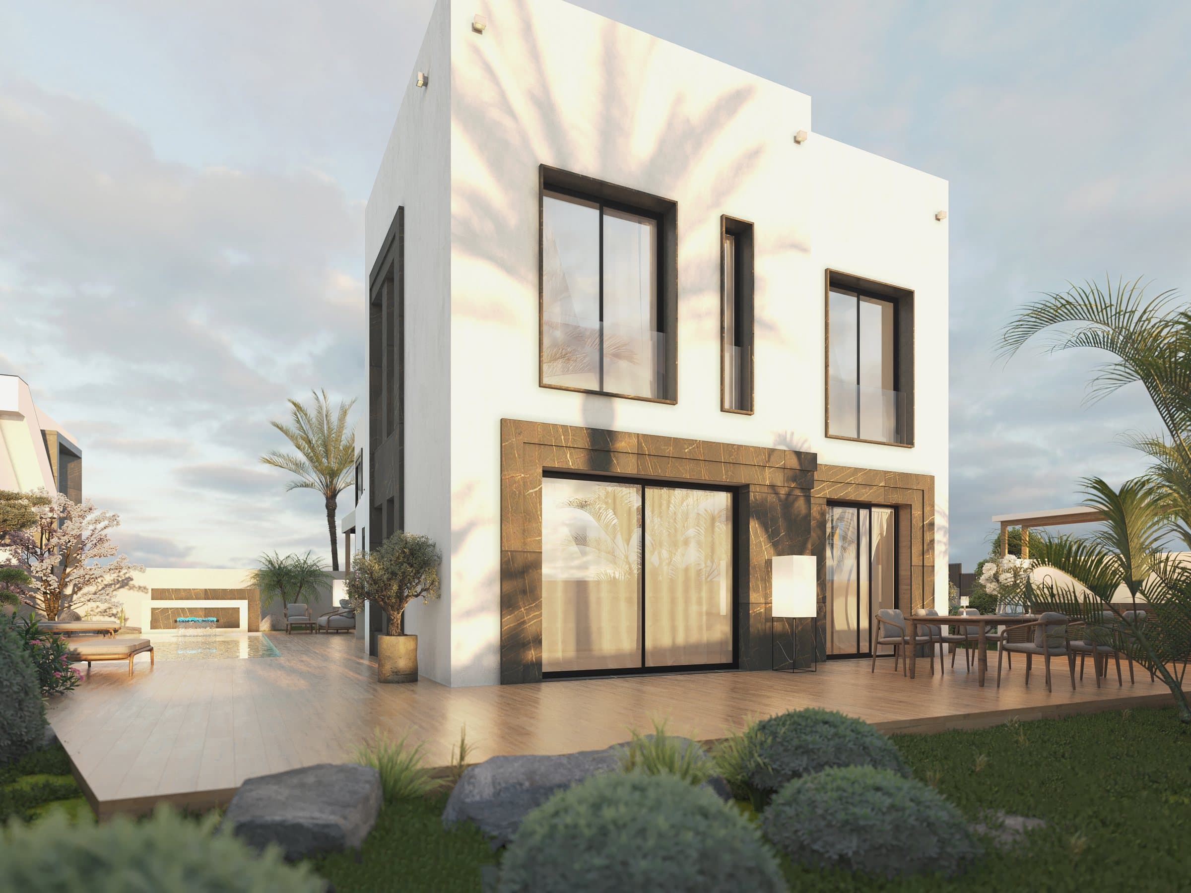 Garden façade of a Sakura Garten villa with white volumes, dark stone and black-framed glass
